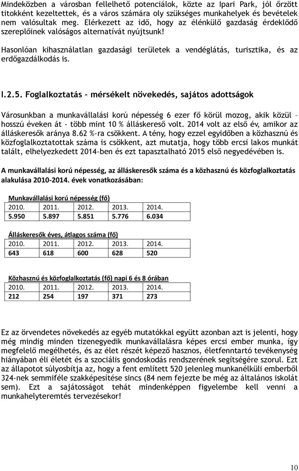 I.2.5. Foglalkoztatás mérsékelt növekedés, sajátos adottságok Városunkban a munkavállalási korú népesség 6 ezer fő körül mozog, akik közül hosszú éveken át - több mint 10 % álláskereső volt.