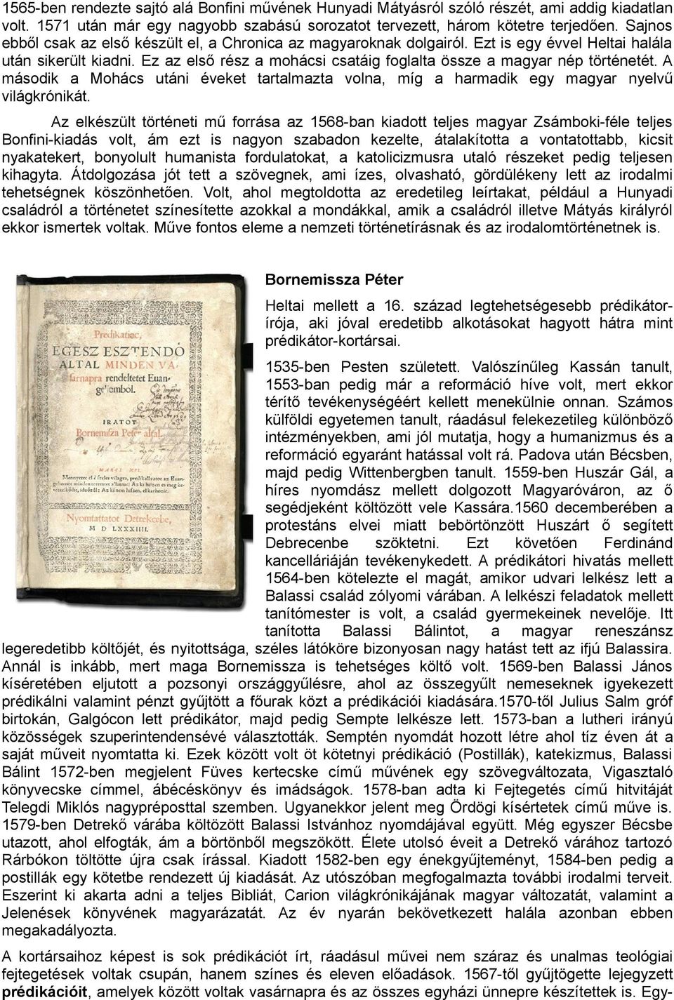 Ez az első rész a mohácsi csatáig foglalta össze a magyar nép történetét. A második a Mohács utáni éveket tartalmazta volna, míg a harmadik egy magyar nyelvű világkrónikát.