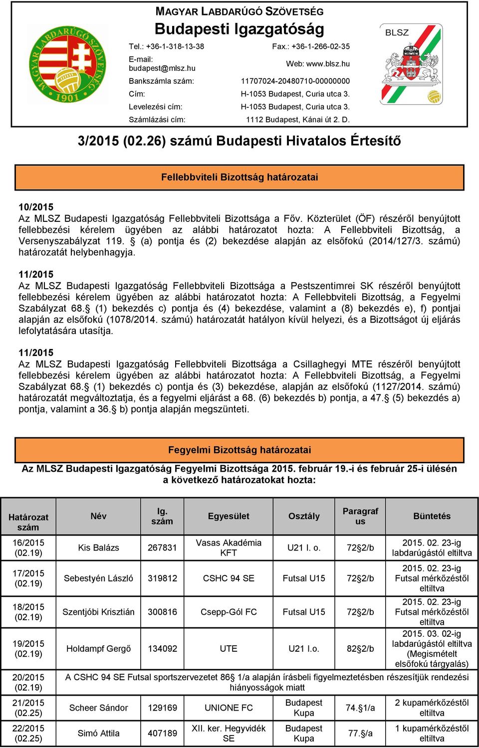 26) számú Budapesti Hivatalos Értesítő Fellebbviteli Bizottság határozatai 10/2015 Az MLSZ Budapesti Igazgatóság Fellebbviteli Bizottsága a Főv.