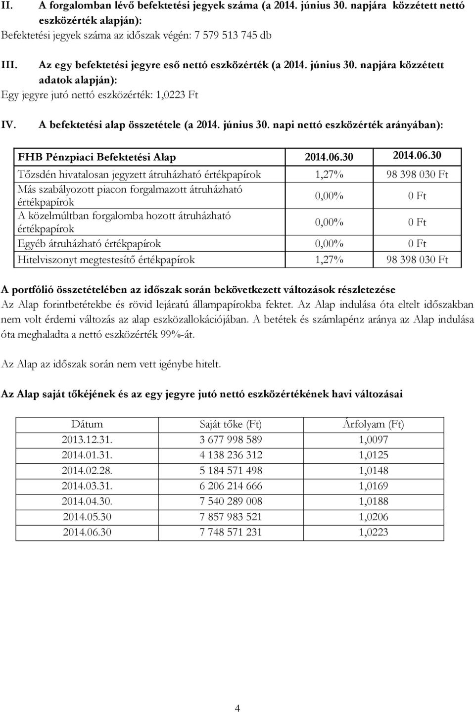 június 30. napi nettó eszközérték arányában): FHB Pénzpiaci Befektetési Alap 2014.06.