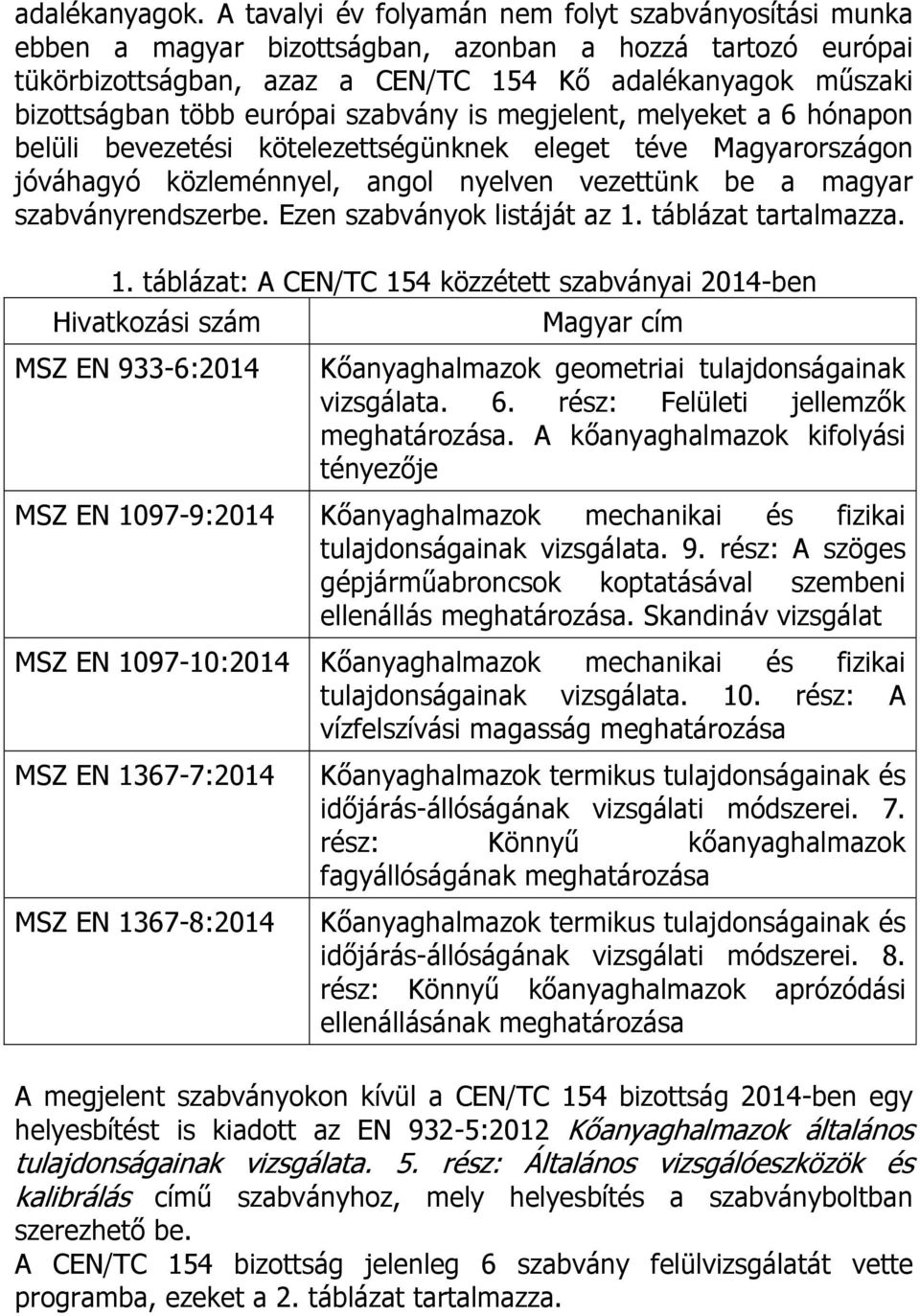 európai szabvány is megjelent, melyeket a 6 hónapon belüli bevezetési kötelezettségünknek eleget téve Magyarországon jóváhagyó közleménnyel, angol nyelven vezettünk be a magyar szabványrendszerbe.