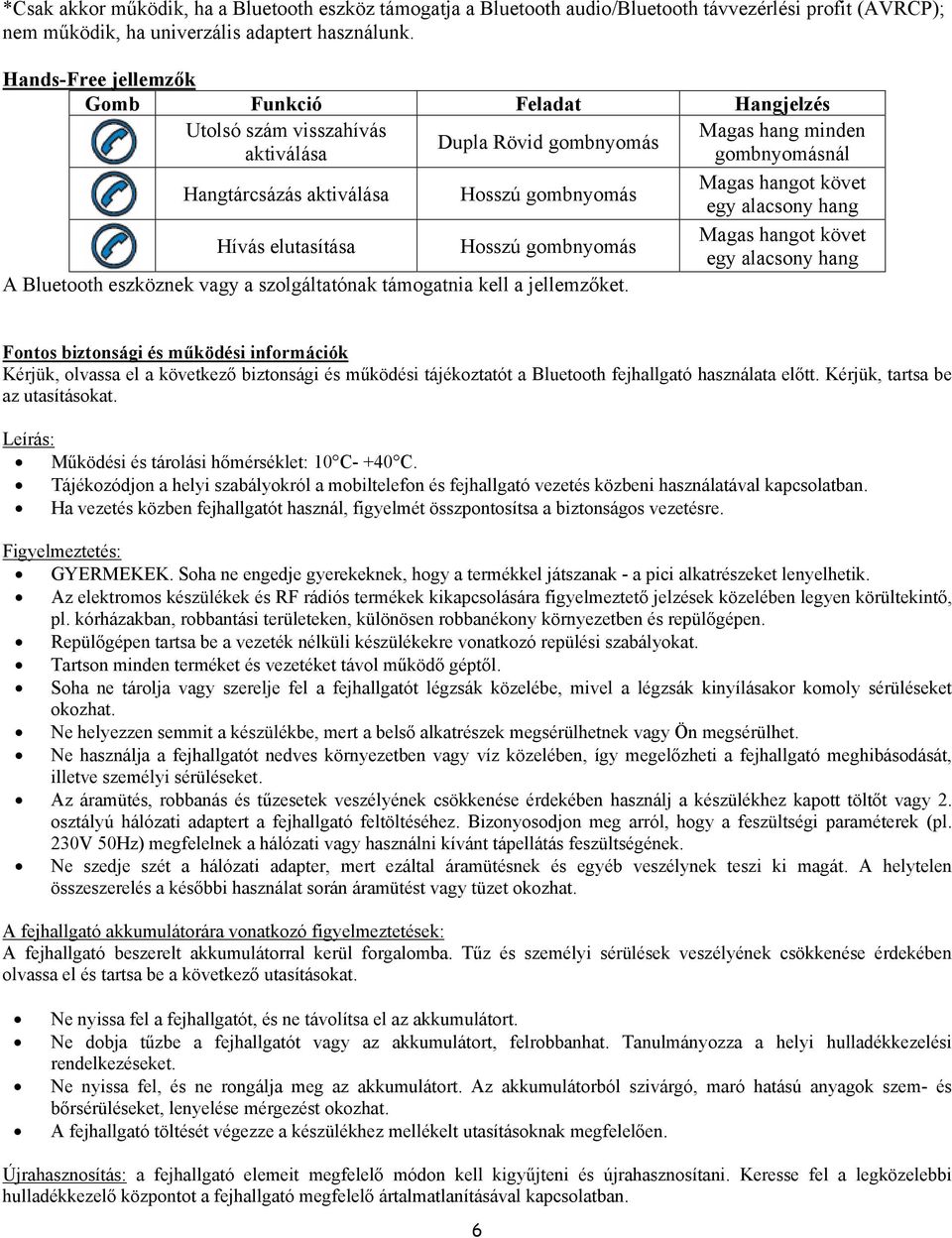 követ egy alacsony hang Hívás elutasítása Hosszú gombnyomás Magas hangot követ egy alacsony hang A Bluetooth eszköznek vagy a szolgáltatónak támogatnia kell a jellemzőket.