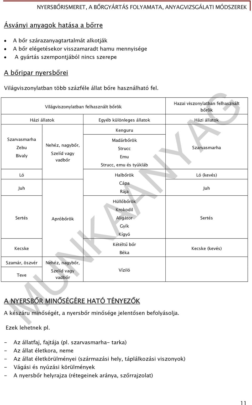 Szarvasmarha Zebu Bivaly Ló Juh Sertés Kecske Szamár, öszvér Teve Világviszonylatban felhasznált bőrök Hazai viszonylatban felhasznált bőrök Házi állatok Egyéb különleges állatok Házi állatok Nehéz,