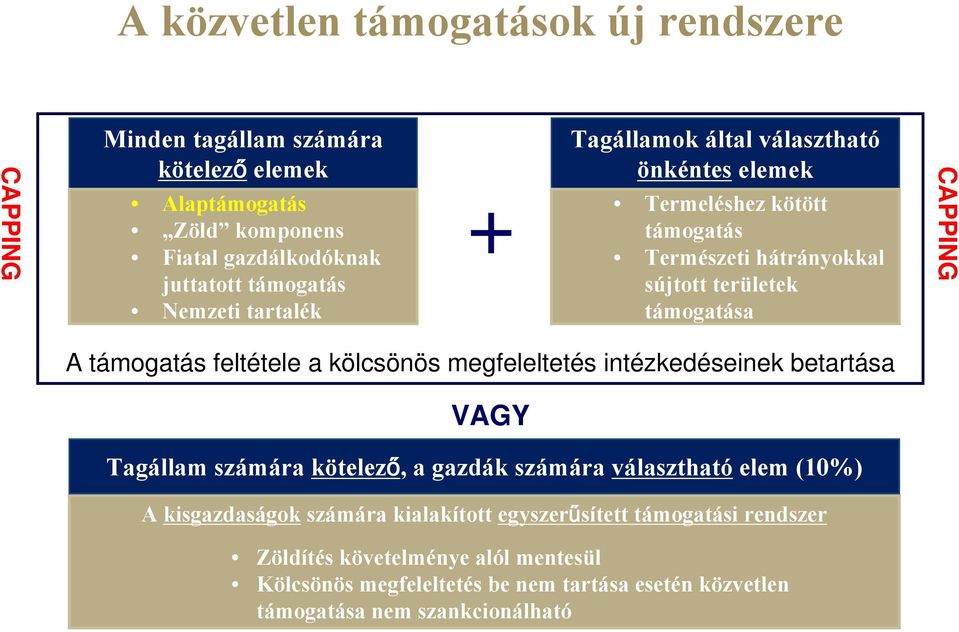 támogatás feltétele a kölcsönös megfeleltetés intézkedéseinek betartása VAGY Tagállam számára kötelező, a gazdák számára választható elem (10%) A kisgazdaságok