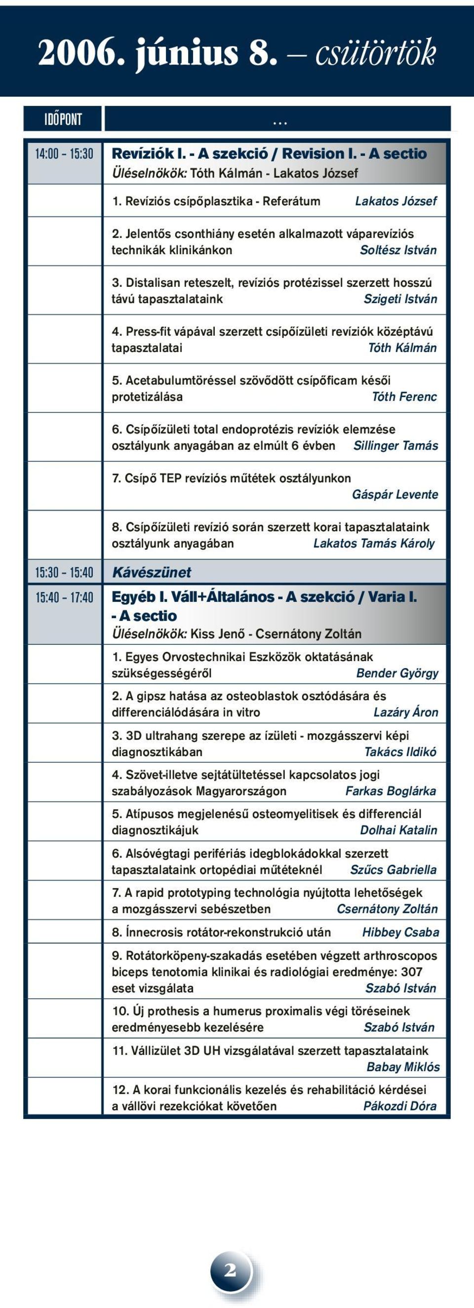 Press-fit vápával szerzett csípôízületi revíziók középtávú tapasztalatai Tóth Kálmán 5. Acetabulumtöréssel szövôdött csípôficam késôi protetizálása Tóth Ferenc 6.