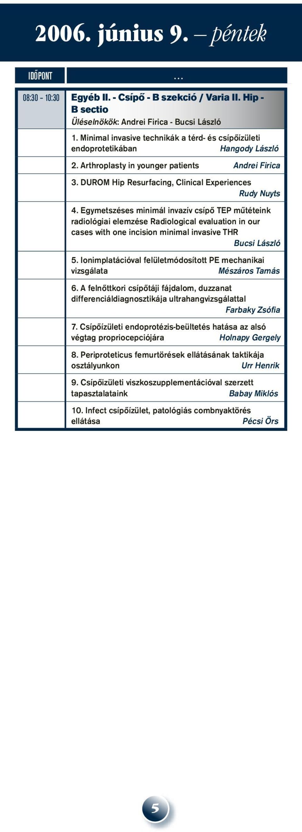 Egymetszéses minimál invazív csípô TEP mûtéteink radiológiai elemzése Radiological evaluation in our cases with one incision minimal invasive THR Bucsi László 5.