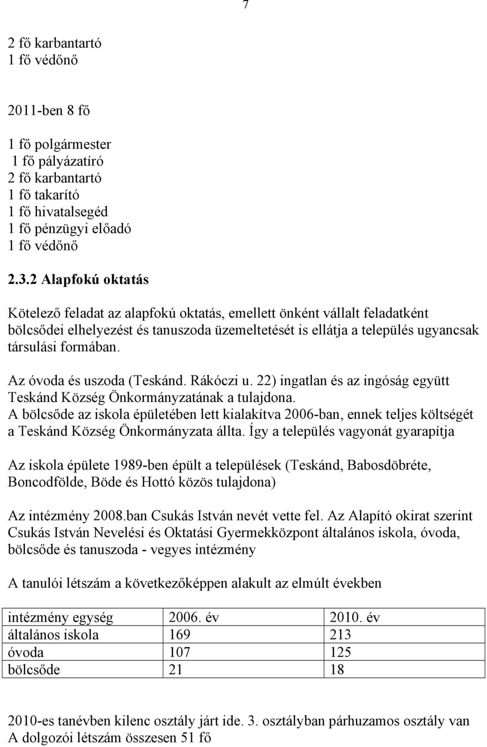 Az óvoda és uszoda (Teskánd. Rákóczi u. 22) ingatlan és az ingóság együtt Teskánd Község Önkormányzatának a tulajdona.