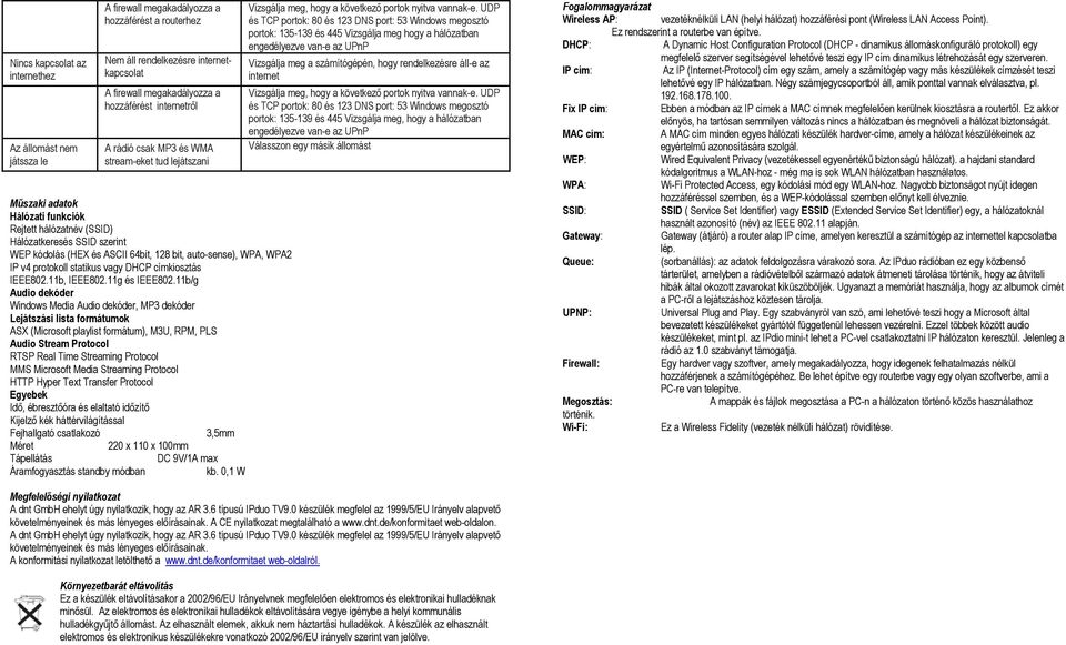 auto-sense), WPA, WPA2 IP v4 protokoll statikus vagy DHCP címkiosztás IEEE802.11b, IEEE802.11g és IEEE802.