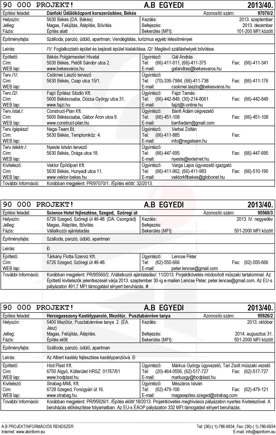 /2/: Meglévő szálláshelyek bővítése. Építtető: Békés Polgármesteri Hivatal Ügyintéző: Gál András Cím: 5630 Békés, Petőfi Sándor utca 2. Tel: (66)-411-011, (66)-411-375 Fax: (66)-411-341 www.