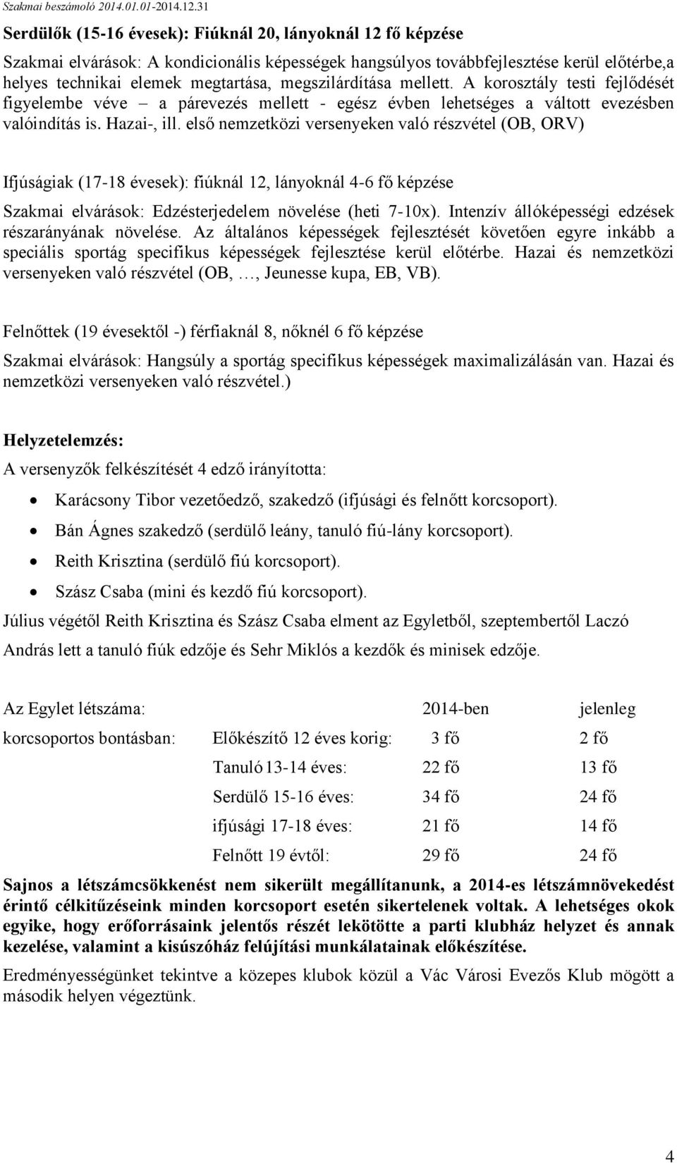 első nemzetközi versenyeken való részvétel (OB, ORV) Ifjúságiak (17-18 évesek): fiúknál 12, lányoknál 4-6 fő képzése Szakmai elvárások: Edzésterjedelem növelése (heti 7-10x).