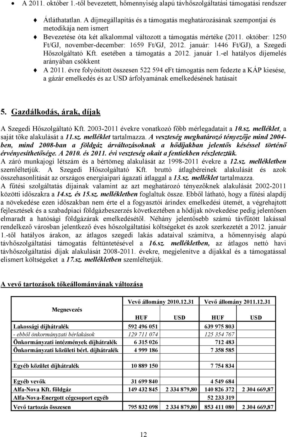 október: 1250 Ft/GJ, november-december: 1659 Ft/GJ, 2012. január: 1446 Ft/GJ), a Szegedi Hőszolgáltató Kft. esetében a támogatás a 2012. január 1.-el hatályos díjemelés arányában csökkent A 2011.