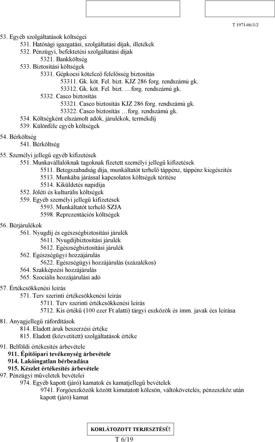 Casco biztosítás KJZ 286 forg. rendszámú gk. 53322. Casco biztosítás forg. rendszámú gk. 534. Költségként elszámolt adók, járulékok, termékdíj 539. Különféle egyéb költségek 54. Bérköltség 541.