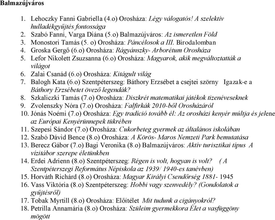 o) Orosháza: Magyarok, akik megváltoztatták a világot 6. Zalai Csanád (6.o) Orosháza: Kitágult világ 7. Balogh Kata (6.