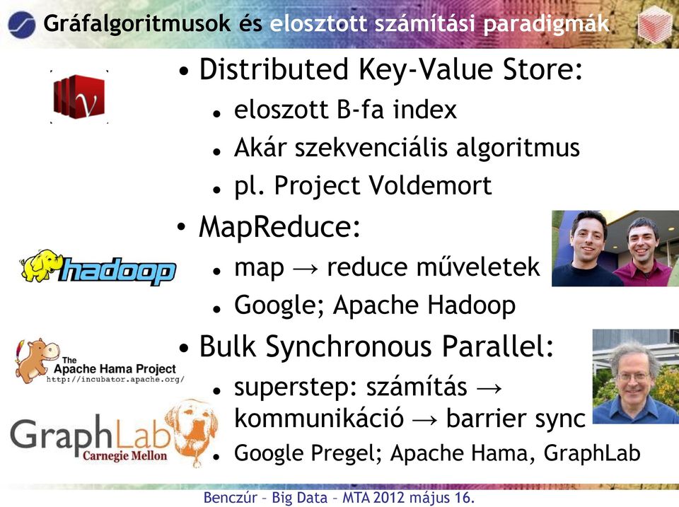 Project Voldemort MapReduce: map reduce műveletek Google; Apache Hadoop Bulk