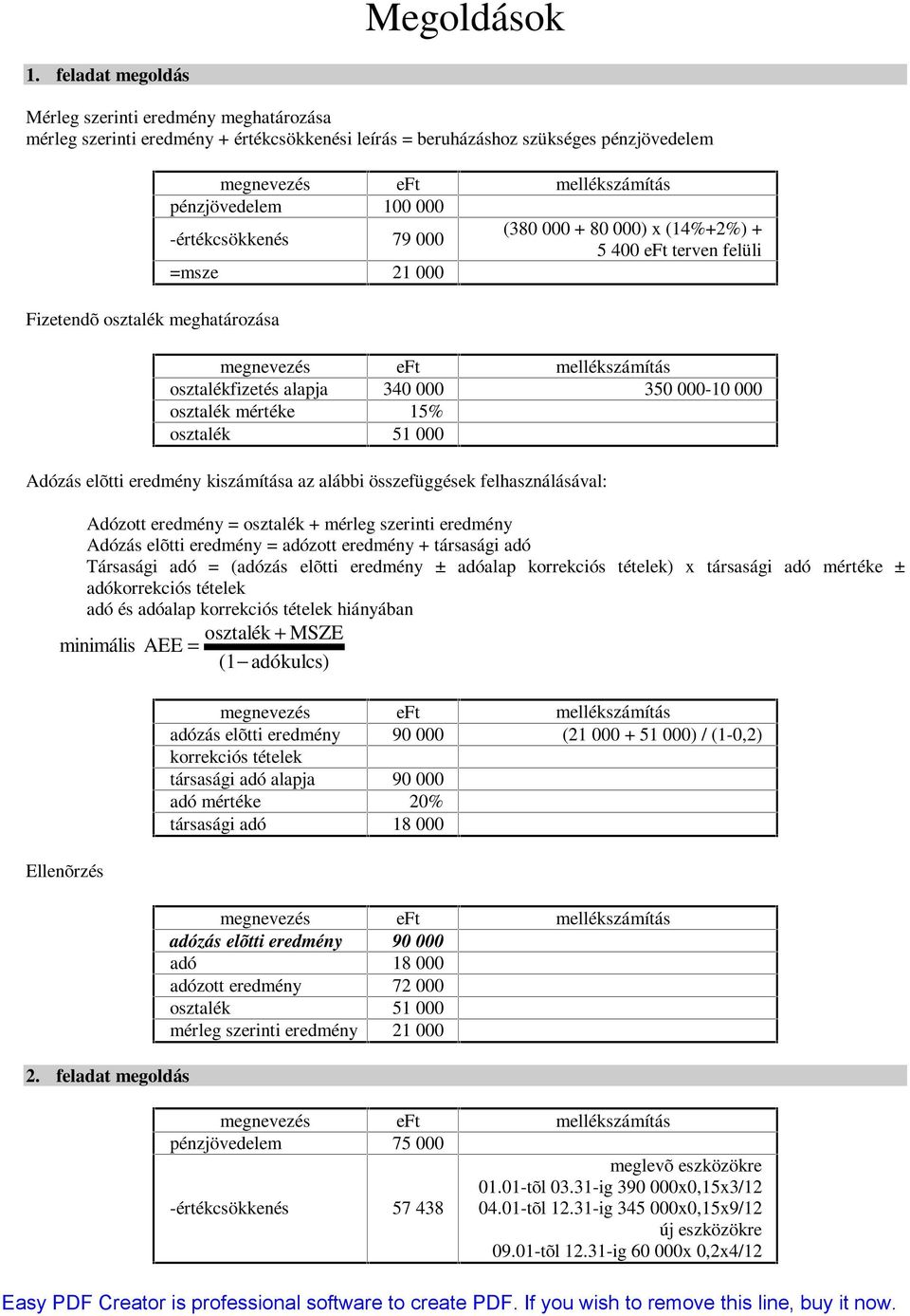 mellékszámítás pénzjövedelem 00 000 -értékcsökkenés 79 000 (80 000 + 80 000) x (%+%) + 5 00 eft terven felüli =msze 000 megnevezés eft mellékszámítás osztalékfizetés alapja 0 000 50 000-0 000