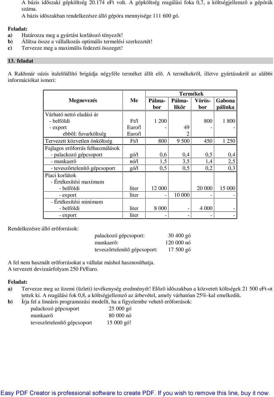 . feladat A Rakhmár oázis italelõállító brigádja négyféle terméket állít elõ.