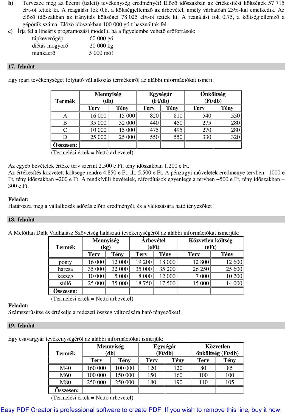 A reagálási fok 0,75, a költségjellemzõ a gépórák száma. Elõzõ idõszakban 00 000 gó-t használtak fel.