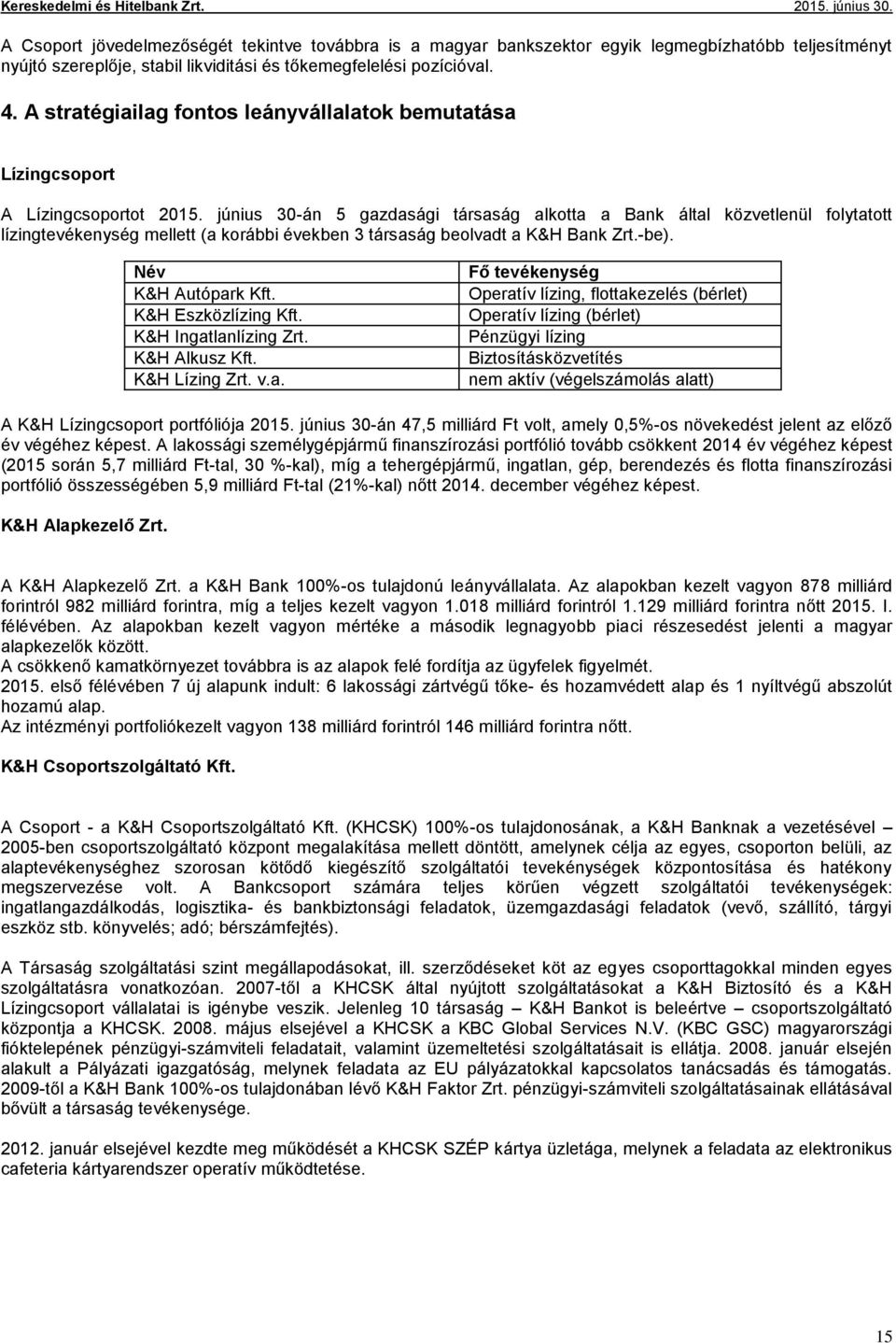 június 30-án 5 gazdasági társaság alkotta a Bank által közvetlenül folytatott lízingtevékenység mellett (a korábbi években 3 társaság beolvadt a K&H Bank Zrt.-be). Név K&H Autópark Kft.