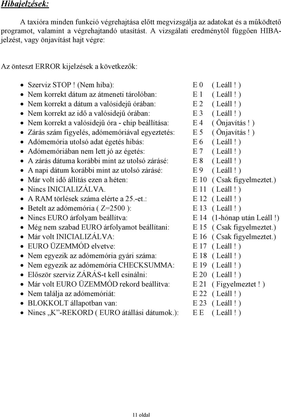 ) Nem korrekt dátum az átmeneti tárolóban: E 1 ( Leáll! ) Nem korrekt a dátum a valósidejő órában: E 2 ( Leáll! ) Nem korrekt az idı a valósidejő órában: E 3 ( Leáll!