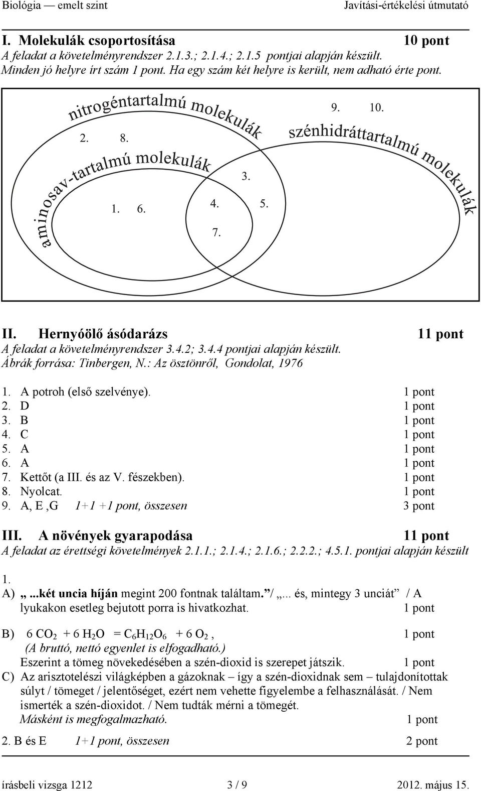 C 5. A 6. A 7. Kettőt (a III. és az V. fészekben). 8. Nyolcat. 9. A, E,G 1+1 +, összesen 3 pont III. A növények gyarapodása 1 A feladat az érettségi követelmények 2.1.1.; 2.1.4.; 2.1.6.; 2.2.2.; 4.5.1. pontjai alapján készült 1.