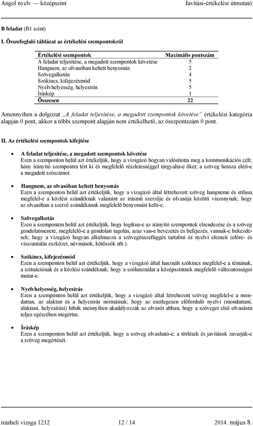 Szövegalkotás 4 Szókincs, kifejezésmód 5 Nyelvhelyesség, helyesírás 5 Íráskép 1 Összesen 22 Amennyiben a dolgozat A feladat teljesítése, a megadott szempontok követése értékelési kategória alapján 0