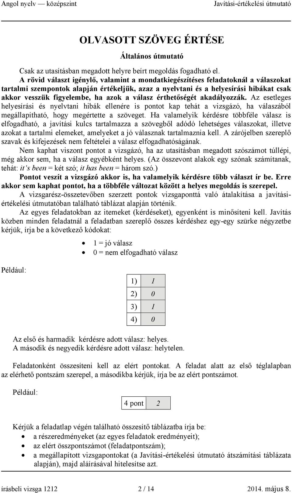 azok a válasz érthetőségét akadályozzák. Az esetleges helyesírási és nyelvtani hibák ellenére is pontot kap tehát a vizsgázó, ha válaszából megállapítható, hogy megértette a szöveget.