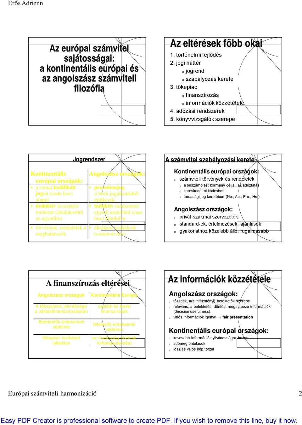 könyvvizsgálók szerepe Kontinentális erópai országok: a római kodifikált jogon (code law) alapl dedktív levezetési módszer (általánosból az egyedire) törvények, rendeletek a meghatározók Jogrendszer