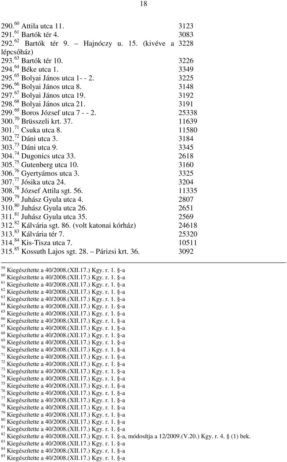 70 Brüsszeli krt. 37. 11639 301. 71 Csuka utca 8. 11580 302. 72 Dáni utca 3. 3184 303. 73 Dáni utca 9. 3345 304. 74 Dugonics utca 33. 2618 305. 75 Gutenberg utca 10. 3160 306. 76 Gyertyámos utca 3.