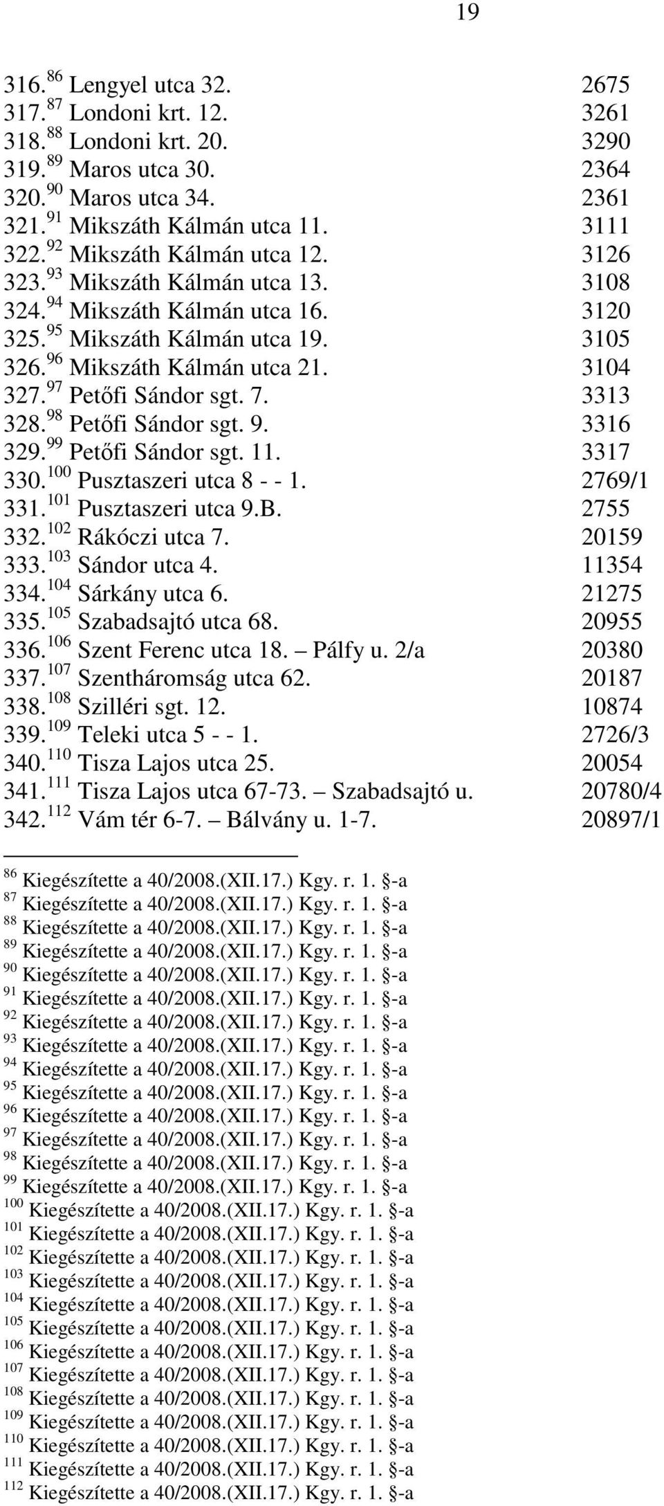 97 Petıfi Sándor sgt. 7. 3313 328. 98 Petıfi Sándor sgt. 9. 3316 329. 99 Petıfi Sándor sgt. 11. 3317 330. 100 Pusztaszeri utca 8 - - 1. 2769/1 331. 101 Pusztaszeri utca 9.B. 2755 332.