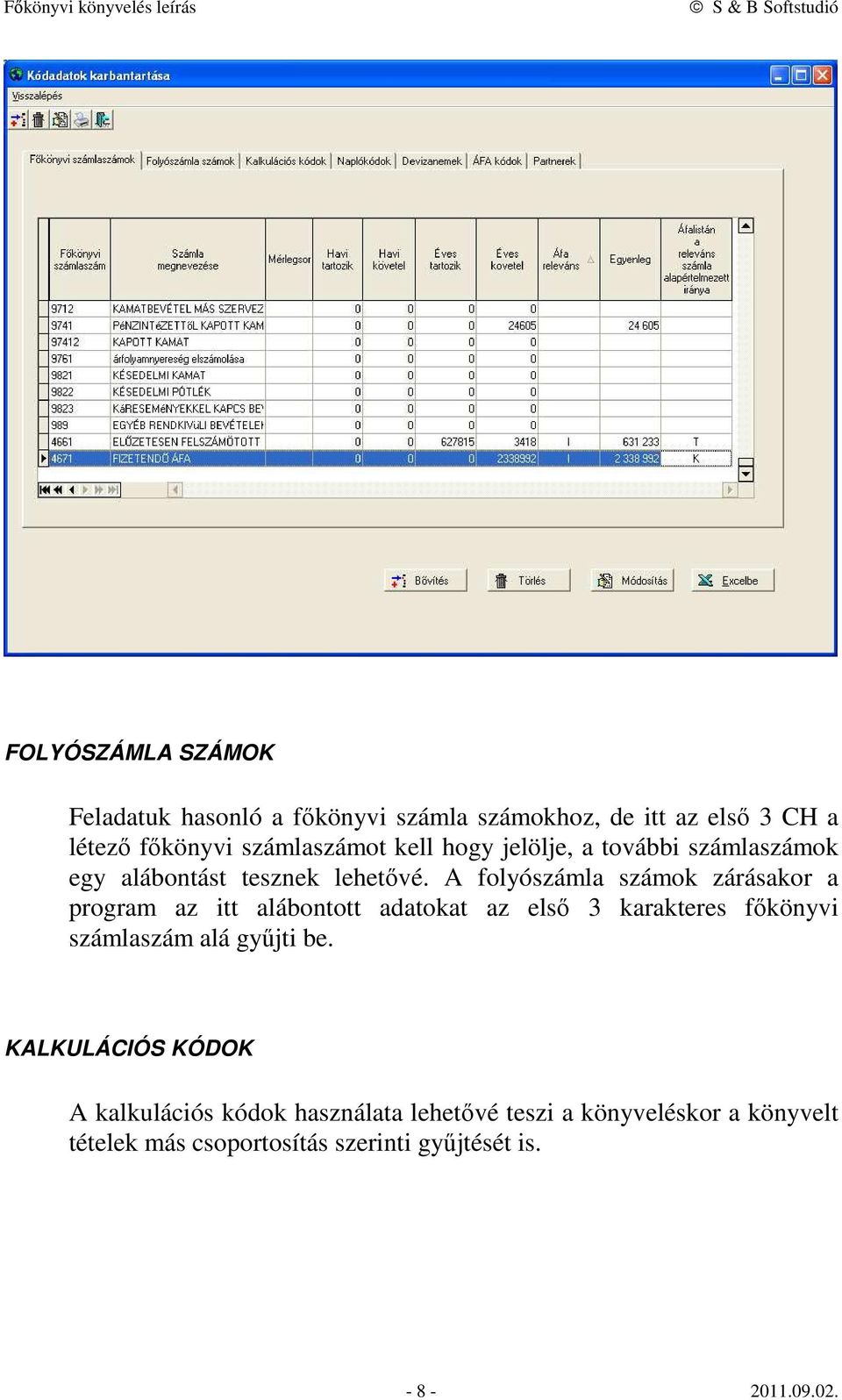 A folyószámla számok zárásakor a program az itt alábontott adatokat az első 3 karakteres főkönyvi számlaszám alá