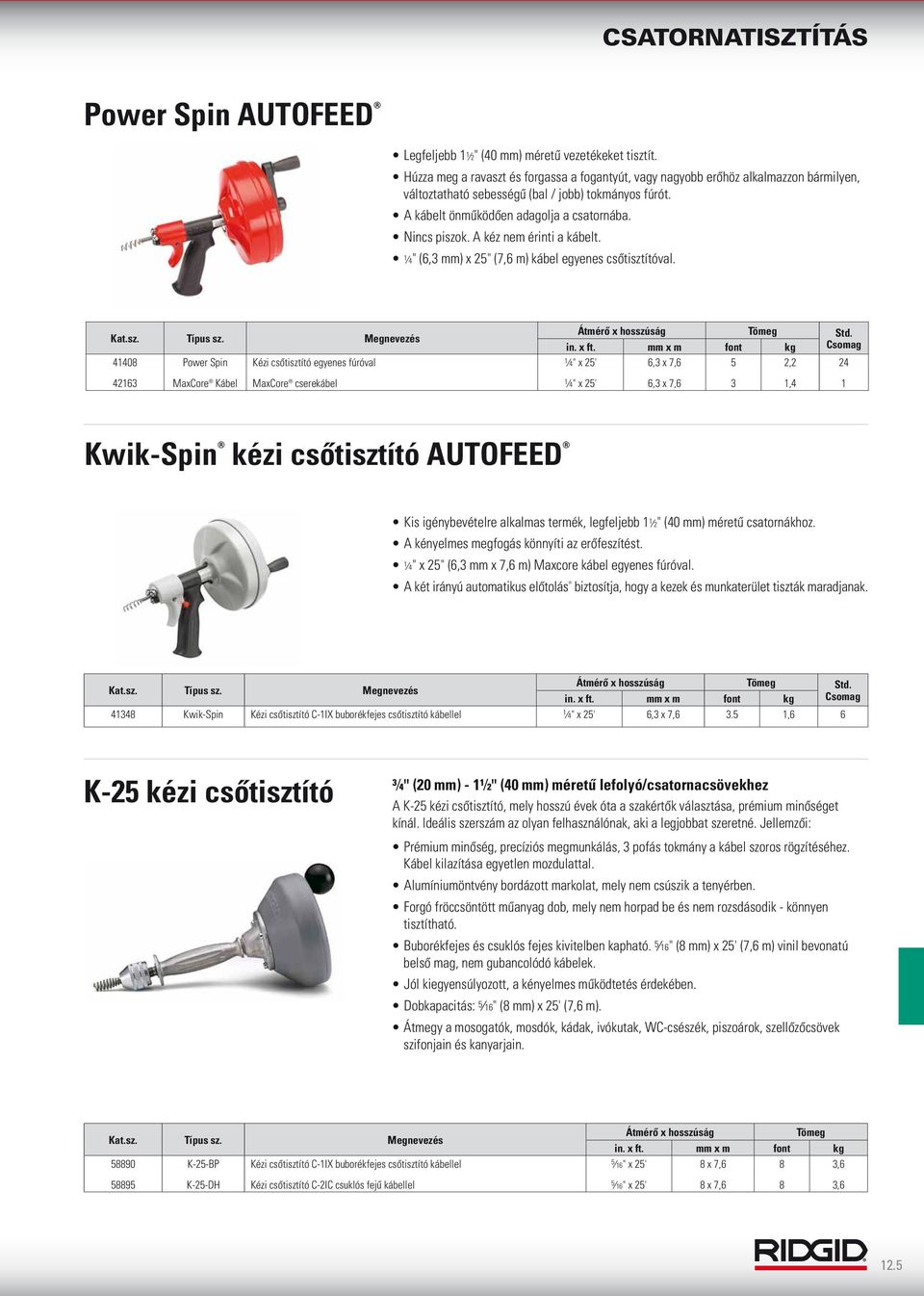 A kéz nem érinti a kábelt. 1 4" (6, mm) x 25" (7,6 m) kábel egyenes csőtisztítóval. Átmérő x hosszúság Std. in. x ft.