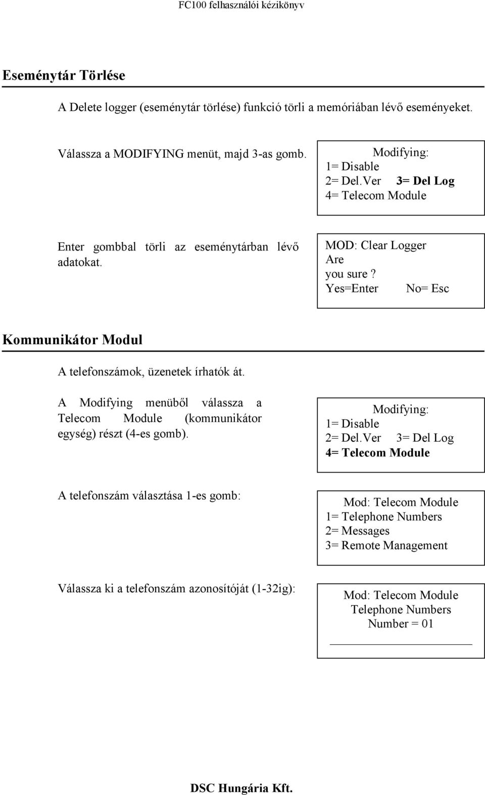 Yes=Enter No= Esc Kommunikátor Modul A telefonszámok, üzenetek írhatók át. A Modifying menüből válassza a Telecom Module (kommunikátor egység) részt (4-es gomb).