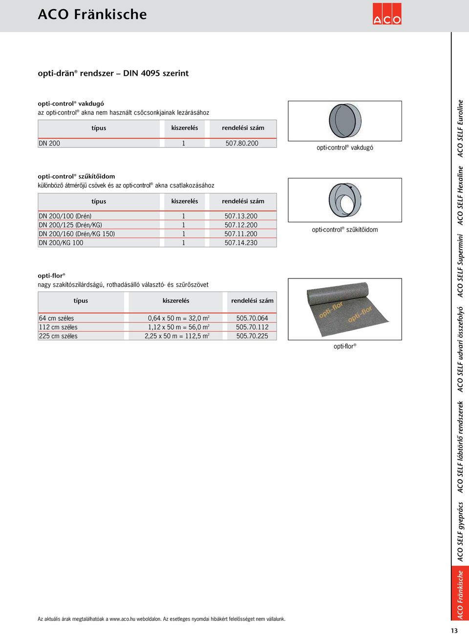 80.200 505.80.000 opti-control opti-pordrän szűkítõidom szivárgó, különbözô védô átmérôjû és szigetelô csövek és hatású az opti-control lemez akna csatlakozásához típus típus kiszerelés kiszerelés W3