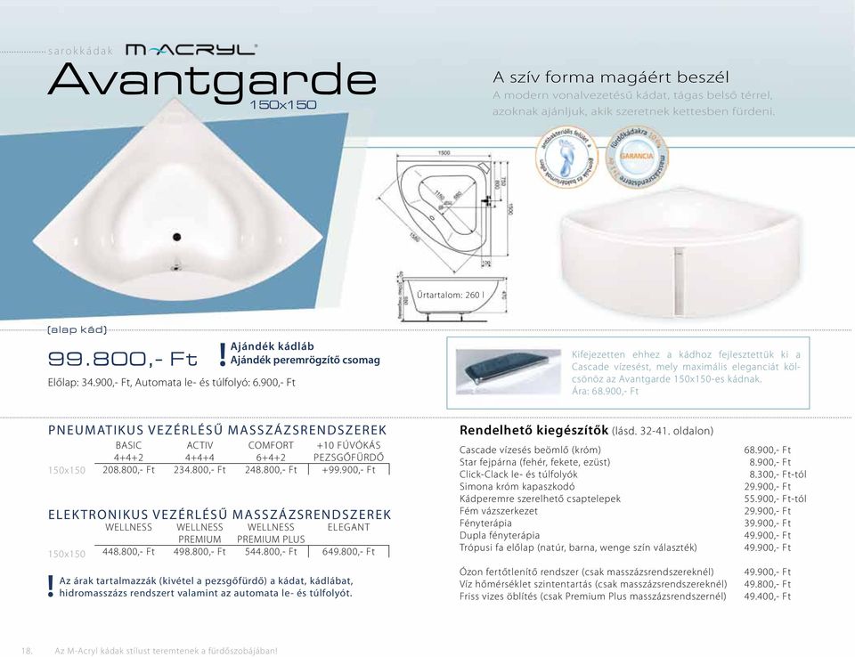 Előlap: 34.900,- Ft, Automata le- és túlfolyó: 6.900,- Ft Ára: 6... PNEUMATIKUS VEZÉRLÉSŰ MASSZÁZSRENDSZEREK 150x150 BASIC 4+4+2 208.800,- Ft ACTIV 4+4+4 234.800,- Ft COMFORT 6+4+2 248.