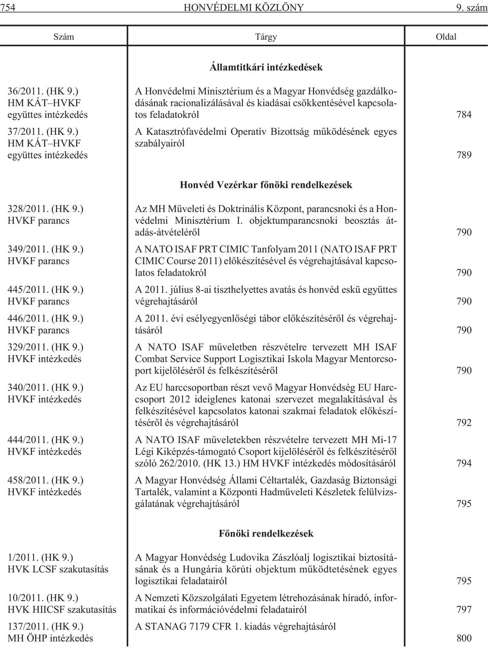 ) HM KÁT HVKF együttes intézkedés A Honvédelmi Minisztérium és a Magyar Honvédség gazdálkodásának racionalizálásával és kiadásai csökkentésével kapcsolatos feladatokról 784 A Katasztrófavédelmi