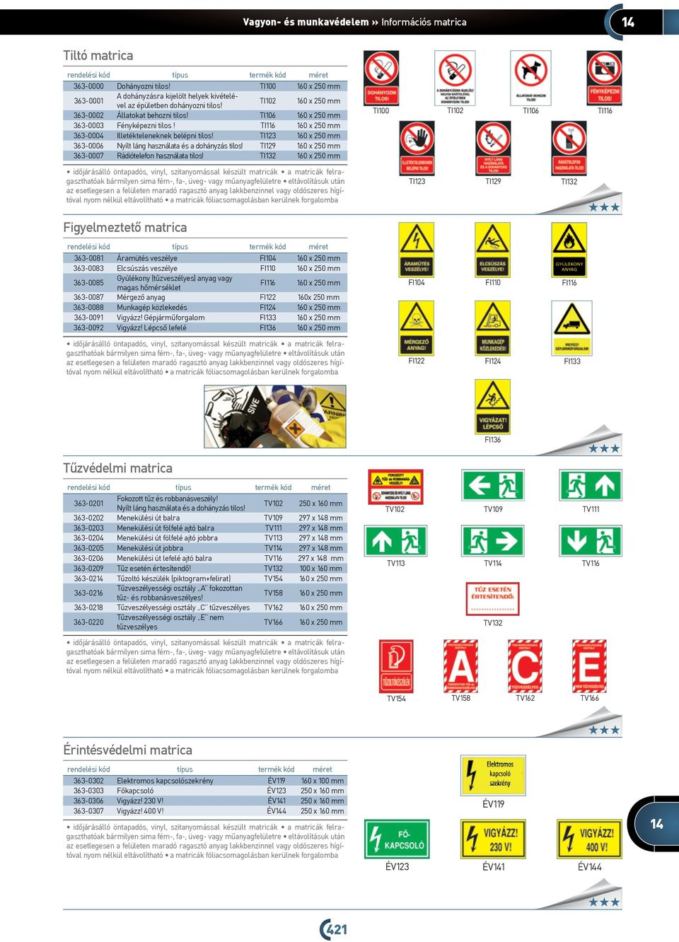 TI116 160 x 250 mm 363-0004 Illetékteleneknek belépni tilos! TI123 160 x 250 mm 363-0006 Nyílt láng használata és a dohányzás tilos! TI129 160 x 250 mm 363-0007 Rádiótelefon használata tilos!