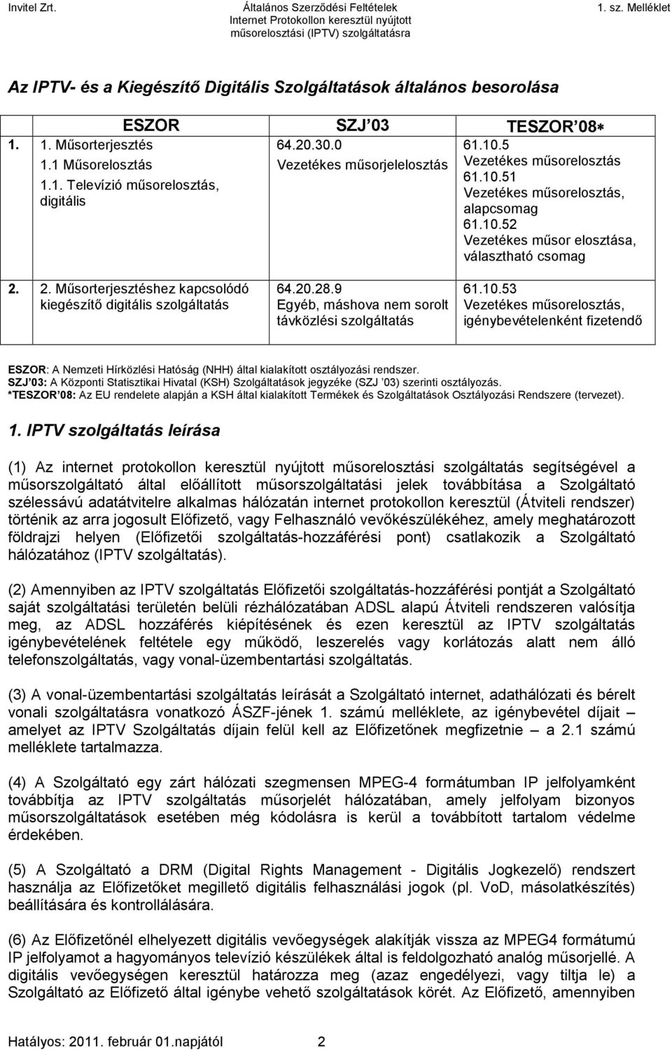 2. Műsorterjesztéshez kapcsolódó kiegészítő digitális szolgáltatás 64.20.28.9 Egyéb, máshova nem sorolt távközlési szolgáltatás 61.10.