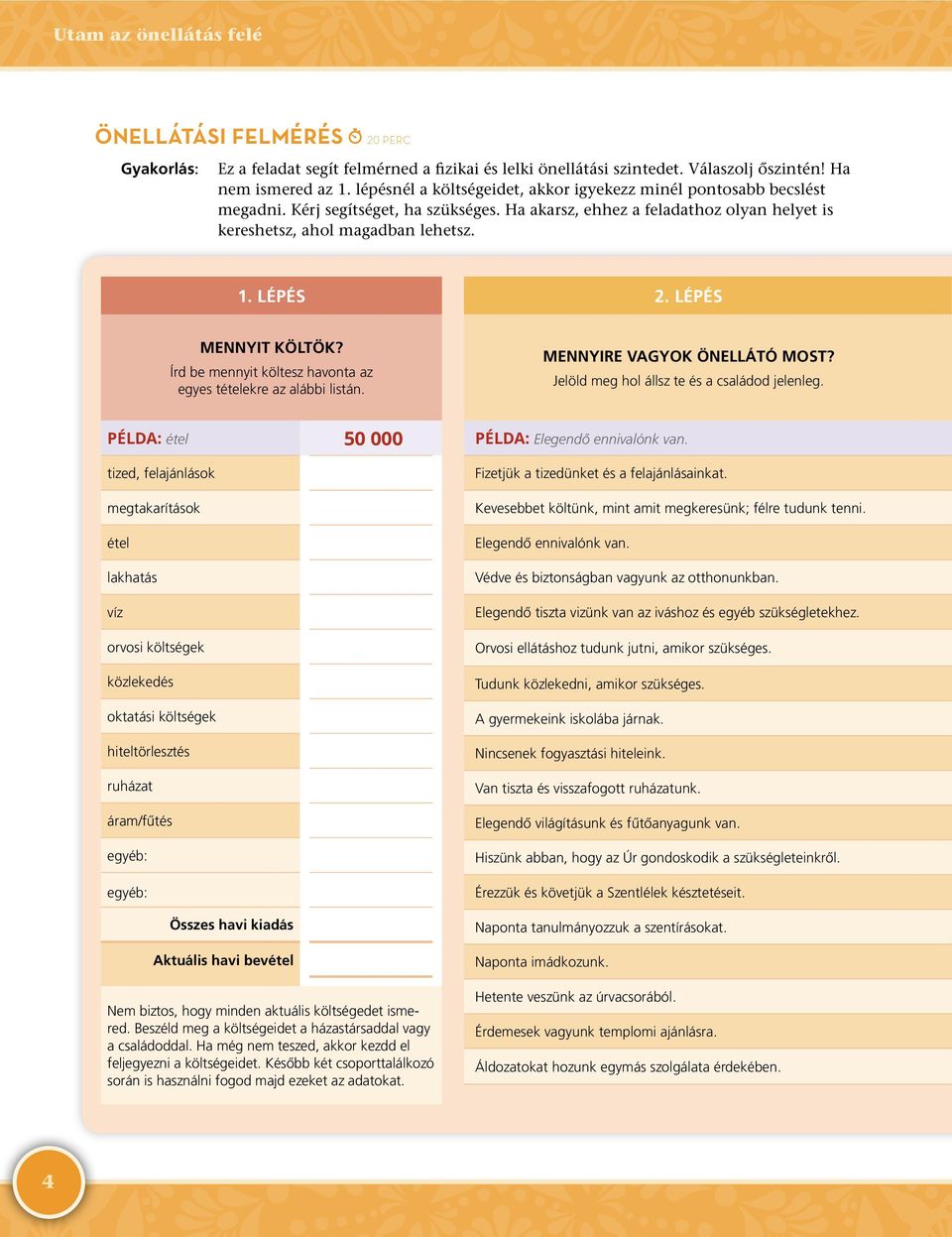 LÉPÉS MENNYIT KÖLTÖK? Írd be mennyit költesz havonta az egyes tételekre az alábbi listán. MENNYIRE VAGYOK ÖNELLÁTÓ MOST? Jelöld meg hol állsz te és a családod jelenleg.