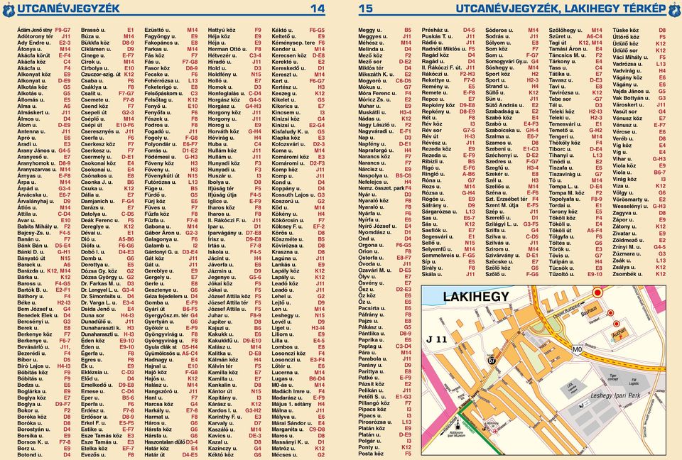 Árvácska E6-7 Árvalányhaj D9 Átlós M14 Attila C-D4 Avar E10 Babits Mihály F2 Bajcsy-Zs. F4-5 Banán F7 Bánk Bán D5-E4 Bánki D.