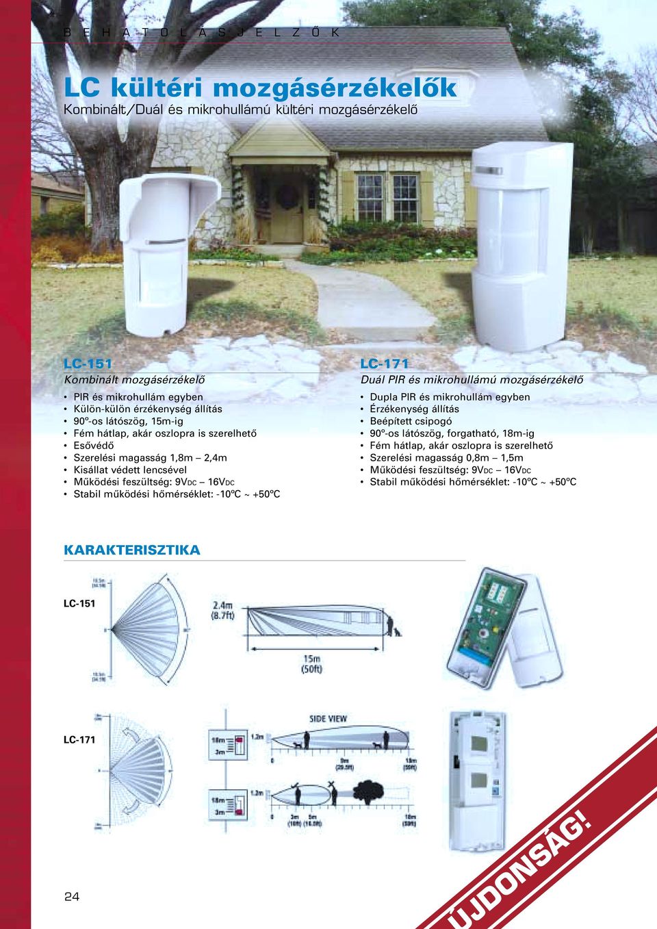 mûködési hômérséklet: -10ºC ~ +50ºC LC-171 Duál PIR és mikrohullámú mozgásérzékelô Dupla PIR és mikrohullám egyben Érzékenység állítás Beépített csipogó 90º-os látószög,
