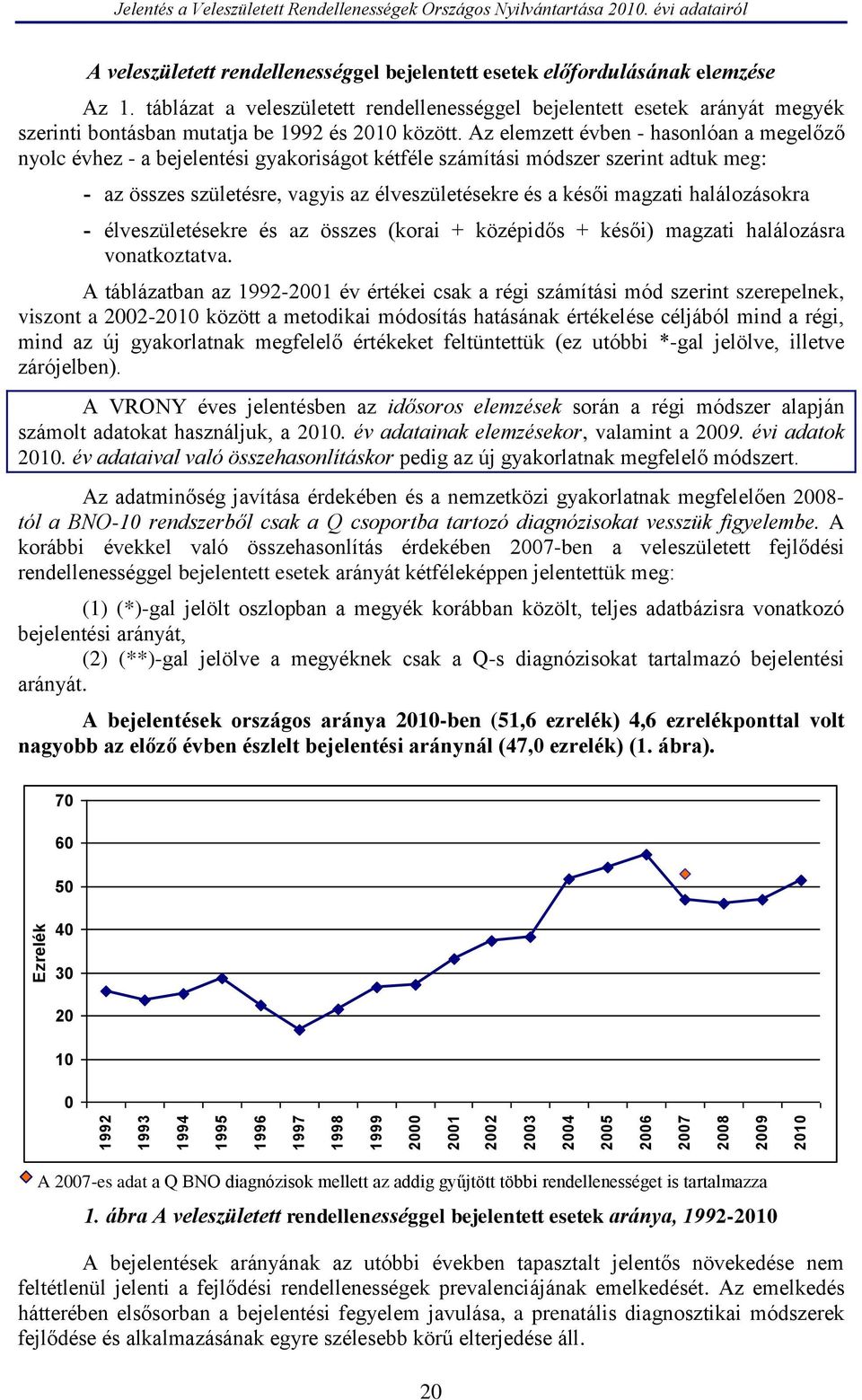 táblázat a veleszületett rendellenességgel bejelentett esetek arányát megyék szerinti bontásban mutatja be 1992 és között.