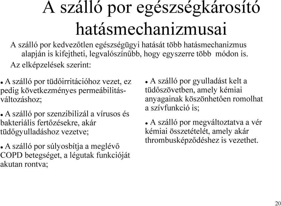 Az elképzelések szerint: A szálló por tüdőirritációhoz vezet, ez pedig következményes permeábilitásváltozáshoz; A szálló por szenzibilizál a vírusos és bakteriális