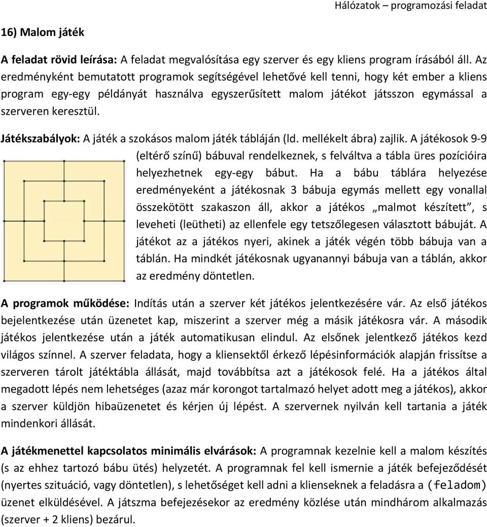 A játékosok 9-9 (eltérő színű) bábuval rendelkeznek, s felváltva a tábla üres pozícióira helyezhetnek egy-egy bábut.