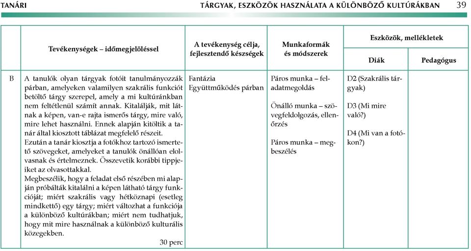 Ennek alapján kitöltik a tanár által kiosztott táblázat megfelelő részeit. Ezután a tanár kiosztja a fotókhoz tartozó ismertető szövegeket, amelyeket a tanulók önállóan elolvasnak és értelmeznek.