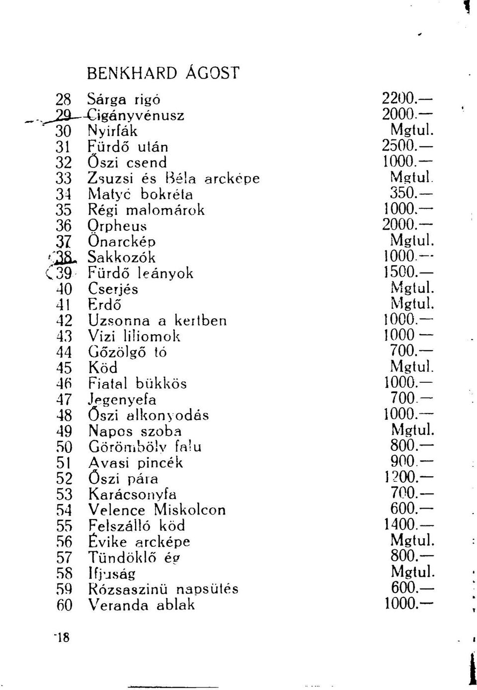 42 Uzsonna a kertben 1000-43 Vizi liliomok 1000-44 Gőzölgő tó 700 45 Köd Mgtul. 46 Fiatal bükkös 1000. 47 Jegenyefa 700-48 őszi alkonvodás 1000. 49 Napos szoba Mgtul.