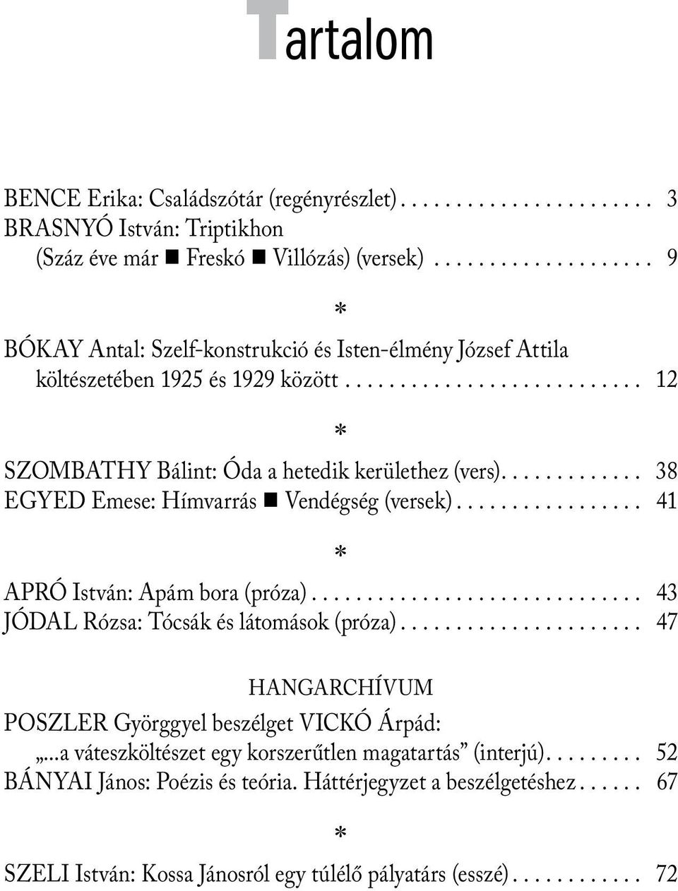 ............ 38 EGYED Emese: Hímvarrás Vendégség (versek)................. 41 * APRÓ István: Apám bora (próza).............................. 43 JÓDAL Rózsa: Tócsák és látomások (próza).