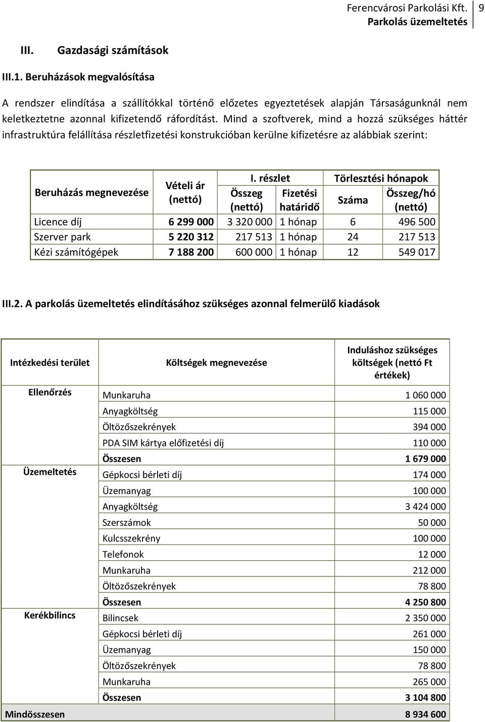 Mind a szoftverek, mind a hozzá szükséges háttér infrastruktúra felállítása részletfizetési konstrukcióban kerülne kifizetésre az alábbiak szerint: Beruházás megnevezése I.