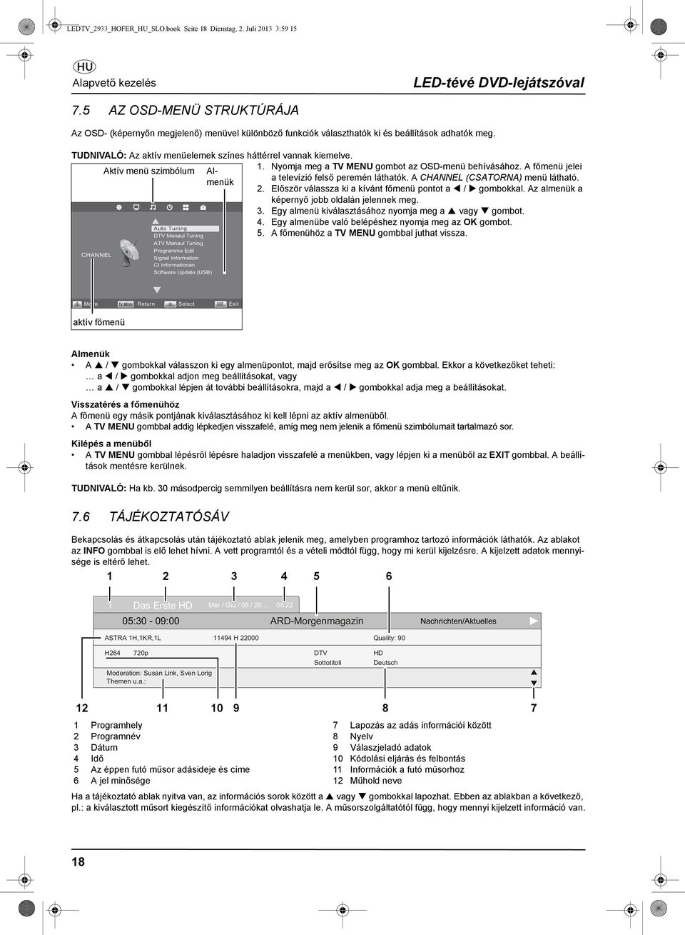 CHANNEL Aktív menü szimbólum Auto Tuning DTV Manaul Tuning ATV Manaul Tuning Programme Edit Signal Information CI Informationen Software Update (USB) Almenük 1.