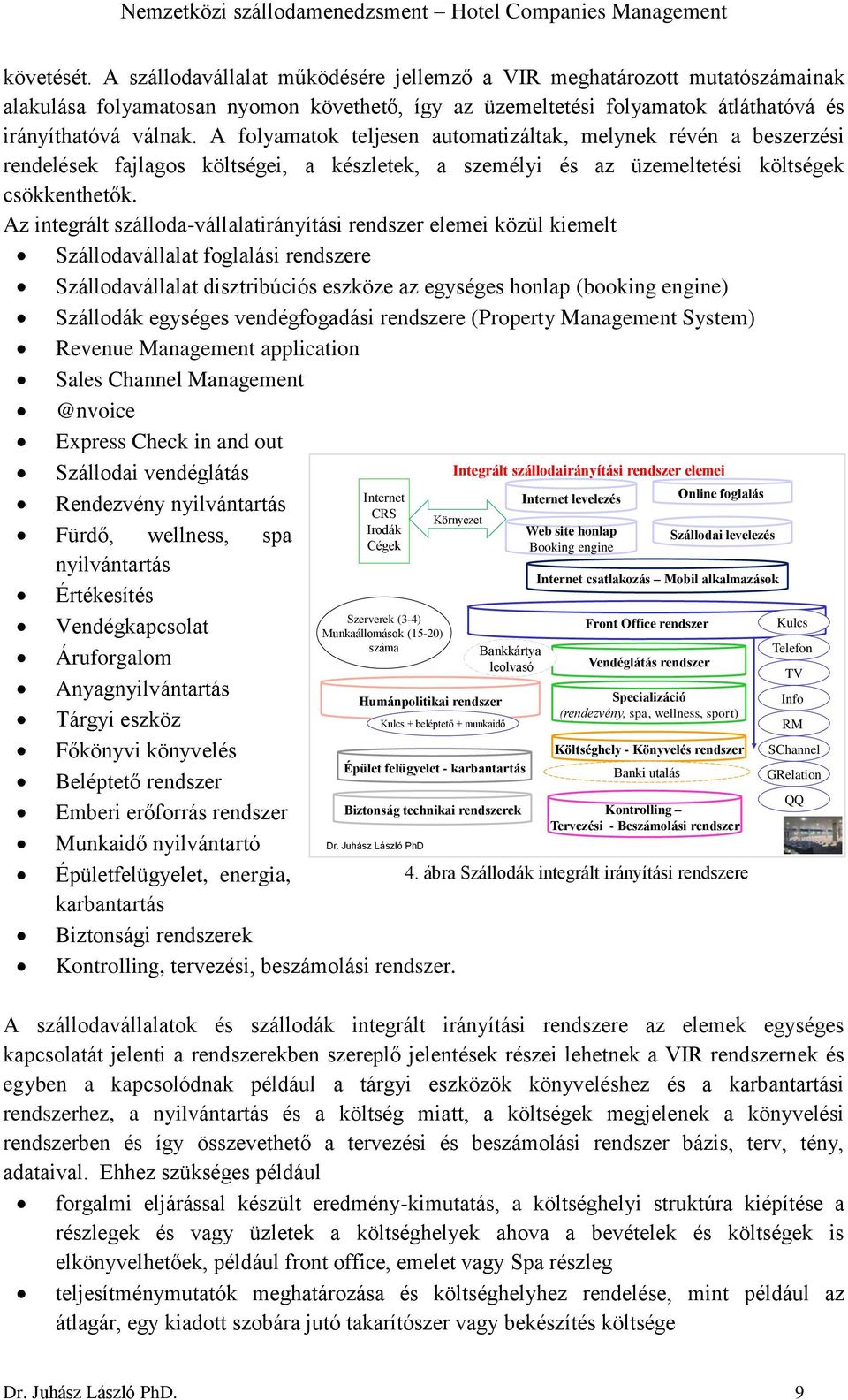 Az integrált szálloda-vállalatirányítási rendszer elemei közül kiemelt Szállodavállalat foglalási rendszere Szállodavállalat disztribúciós eszköze az egységes honlap (booking engine) Szállodák