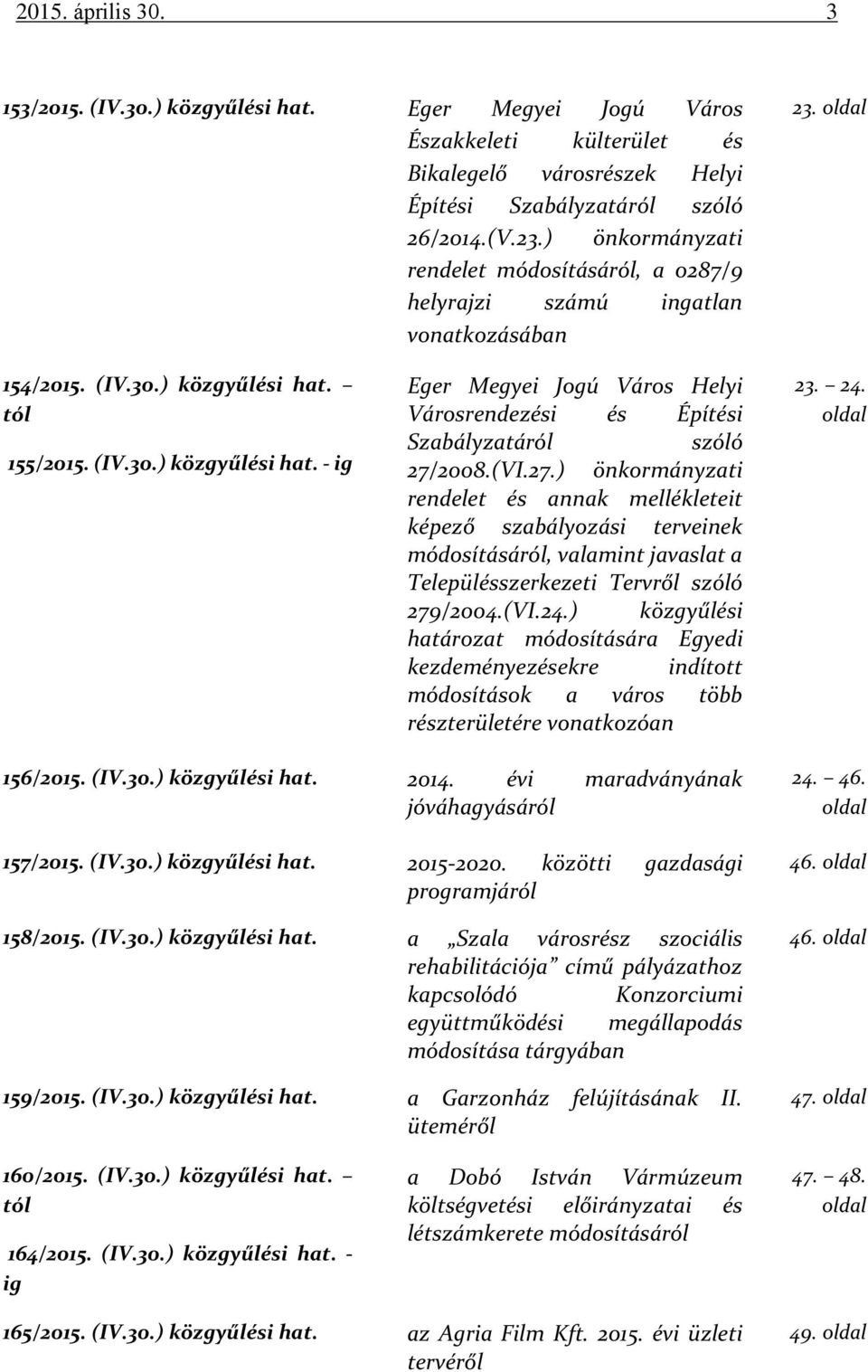 tól 155/2015. (IV.30.) közgyűlési hat. - ig Eger Megyei Jogú Város Helyi Városrendezési és Építési Szabályzatáról szóló 27/